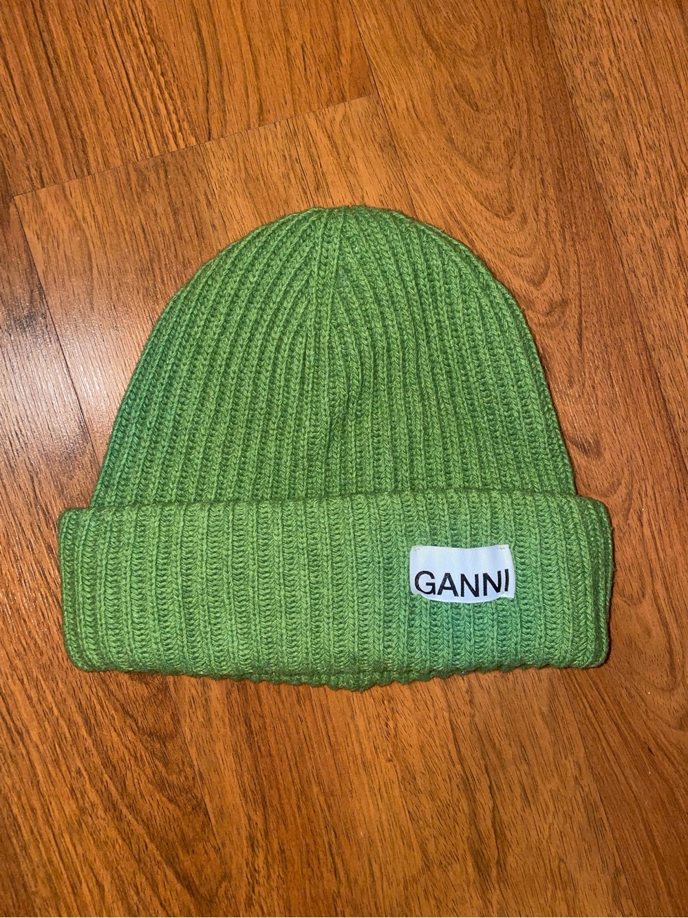 Ganni Lime Green Ribbed Cuffed Beanie